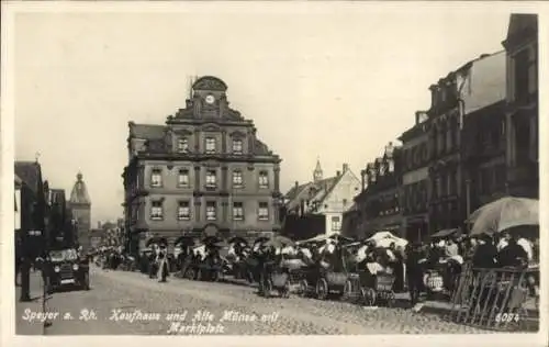 Ak Speyer am Rhein, Blick auf das Kaufhaus und alte Münze mit Marktplatz