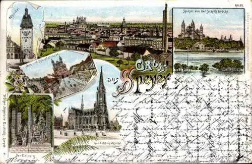 Litho Speyer am Rhein, Dom, Gedächtniskirche, Hauptstraße, Oelberg, Altpörtel