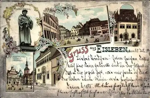 Litho Lutherstadt Eisleben, Plan, Luthers Geburtshaus, Sterbehaus, Denkmal, Marktplatz