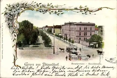 Ak Düsseldorf am Rhein, Hauptpostamt, Haroldstraße, Pferdestraßenbahnen