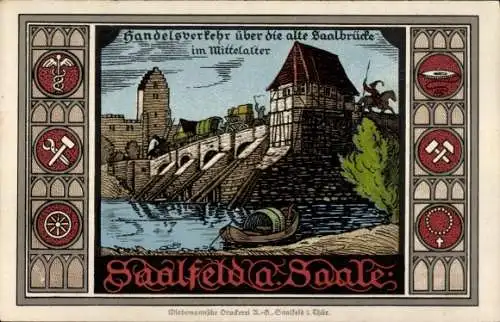 Passepartout Ak Saalfeld an der Saale Thüringen, Handelsverkehr über die alte Brücke im Mittelalter