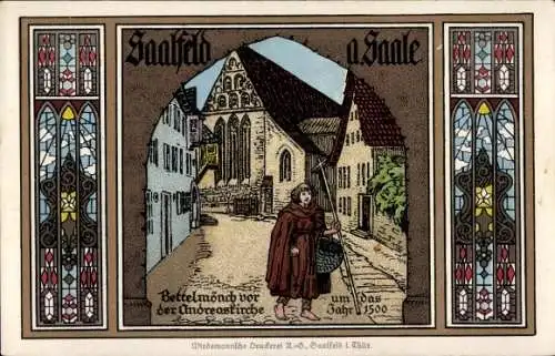 Künstler Ak Saalfeld an der Saale Thüringen, Bettelmönch vor der Andreaskirche um 1500, Fenster