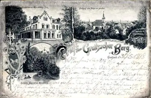 Litho Groitzsch im Kreis Leipzig, Gruß vom Groitzscher Berg, Restaurant zur Wiprechtsburg