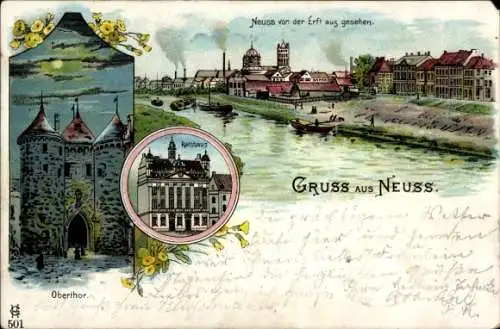 Litho Neuss am Rhein, Blick von der Erft, Rathaus, Oberthor