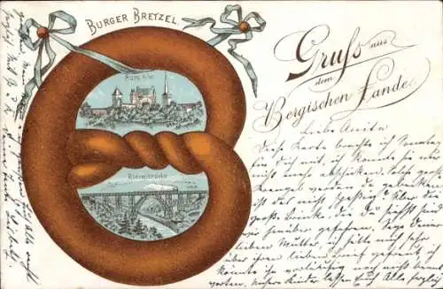 Ak Burg an der Wupper Solingen, Burger Bretzel, Ortsansicht, Riesenbrücke