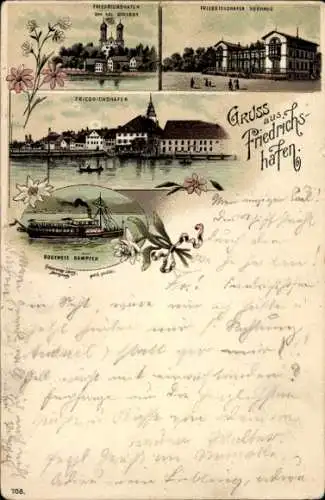 Litho Friedrichshafen am Bodensee, Dampfer, königliches Schloss, Kurhaus