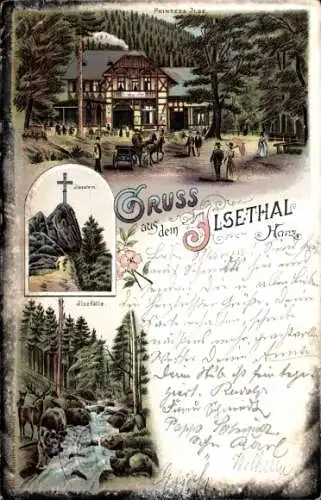 Litho Ilsenburg am Nordharz, Gruß aus dem Ilsetal, Ilsestein, Prinzess Ilse, Ilsefälle