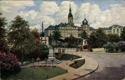 Künstler Ak Greiz in Thüringen, Obere Brücke, Parkanlage, Schloss, Denkmal