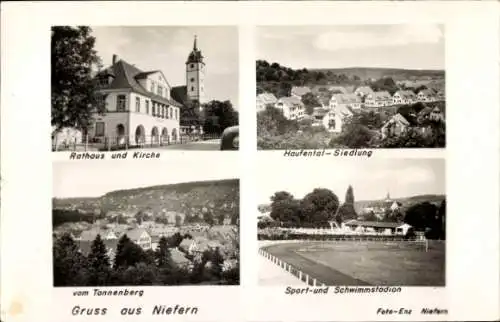 Ak Niefern in Baden, Rathaus, Kirche, Blick vom Tannenberg, Sport- und Schwimmstadion, Haufental