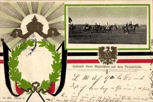 Präge Ak Ankunft Ihrer Majestäten auf dem Paradefelde, Kaiser Wilhelm II., Wappen