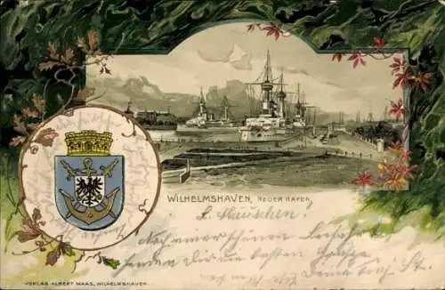 Präge Wappen Passepartout Litho Wilhelmshaven an der Nordsee, Neuer Hafen, Kriegsschiffe