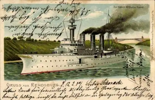 Litho Rendsburg in Schleswig Holstein, Kaiser Wilhelm-Kanal, Kriegsschiff