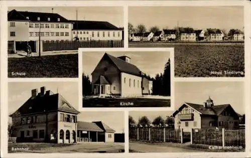 Ak Neubiberg bei München Oberbayern, Bahnhof, Schule, Neue Siedlung, Kirche, Katherinenheim