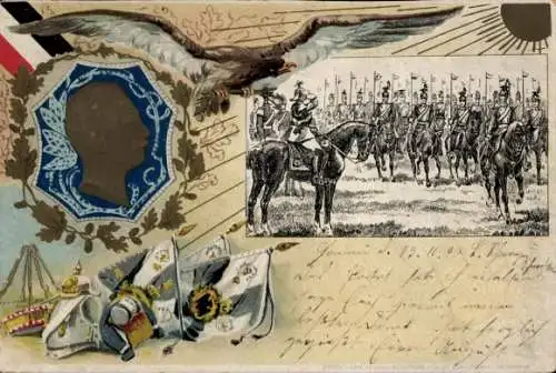 Präge Litho Kaiser Wilhelm II., Abnahme einer Parade, Adler, Regimentsfahnen