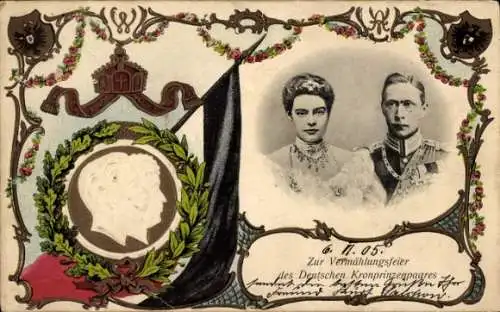 Präge Ak Hochzeit Kronprinz Wilhelm von Preußen und Kronprinzessin Cecilie, Kaiserpaar