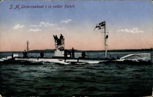 Ak Deutsches Unterseeboot, U-Boot SM U 1 in voller Fahrt, Kaiserliche Marine