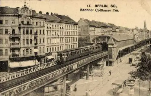 Ak Berlin Kreuzberg, Cottbusser Tor, Bahnhof, Hochbahn, Straßenbahn