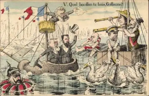 Ak Französischer Politiker, Kaiser Wilhelm II. mit Rettungsring im Wasser, Karikatur