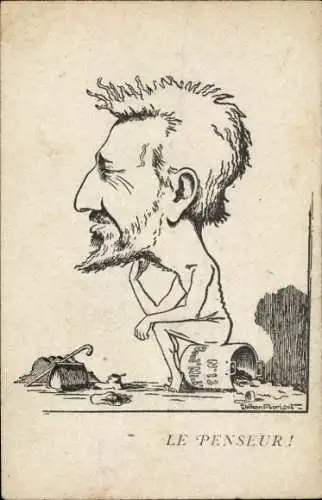 Künstler Ak Morisot, Nacker Mann auf einem Kochtopf sitzend, Le Penseur, Karikatur