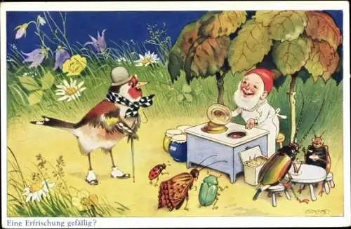 Künstler Ak Baumgarten, Fritz, Eine Erfrischung gefällig, Zwerg, Vogel, Käfer
