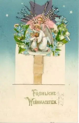 Präge Litho Glückwunsch Weihnachten, Engel, Blumen
