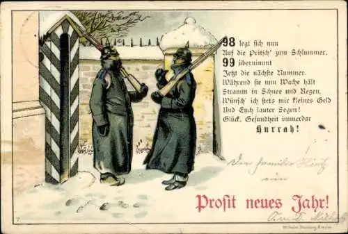 Ak Glückwunsch Neujahr, Wachsoldaten, Gewehre, Uniformen, Winter