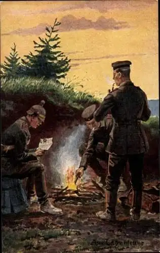 Künstler Ak Soldaten in Uniformen am Lagerfeuer, Brief, I. WK