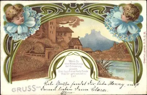 Glitzer Litho Kitsch, Kinder-Porträts, Fluss, Häuser