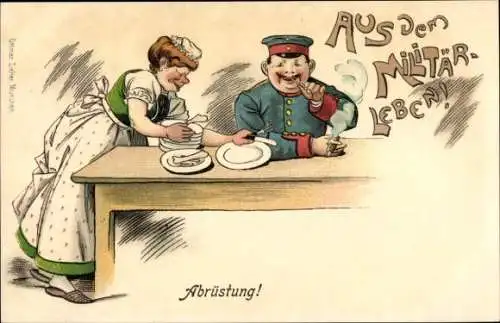 Litho Militär-Leben, Abrüstung, Soldat beim Essen, Teller, Kellnerin