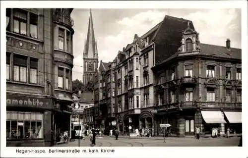 Ak Haspe Hagen Westfalen, Berlinerstraße, Katholische Kirche, Geschäft, Damenhüte