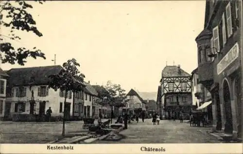 Ak Châtenois Kestenholz Elsass Bas Rhin, Platz, Passanten, Gasthaus