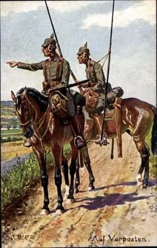 Künstler Ak Merte, O., Kaiserliche Soldaten auf Vorposten, Kavallerie, Felduniform, Pickelhaube