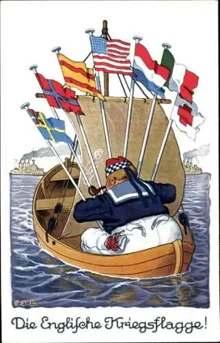 Künstler Ak Engelhard, P. O.E., Englische Kriegsflagge, Soldat im Ruderboot, Fahnen, Propaganda