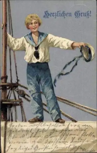 Litho Junge als Marinesoldat, Kriegsschiff, Propaganda