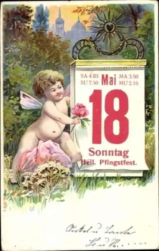 Litho Glückwunsch Pfingsten, Fee an einem Kalender, 18. Mai, Sonntag, Pfingstfest