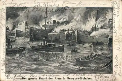 Ak Hoboken New Jersey USA, Hafen, Brand des Piers, Dampfschiffe