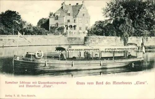 Ak Hameln an der Weser, Schleuse, Wasserbauinspektion, Motorboot Clara