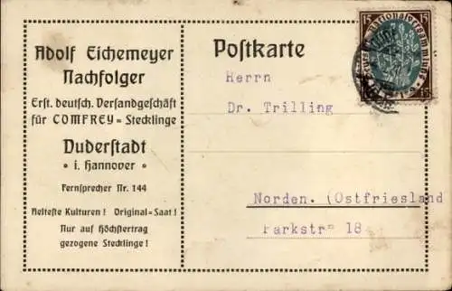 Ak Duderstadt im Eichsfeld, Versandgeschäft für Comfrey-Stecklinge, Adolf Eichemeyer Nachfolger