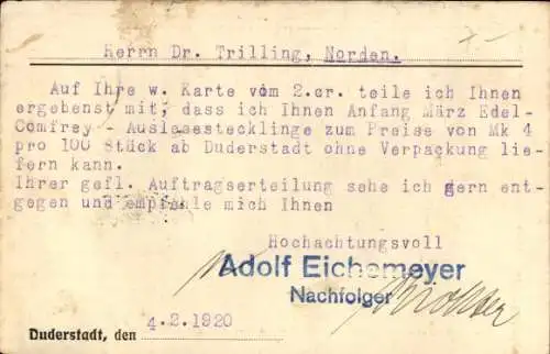 Ak Duderstadt im Eichsfeld, Versandgeschäft für Comfrey-Stecklinge, Adolf Eichemeyer Nachfolger