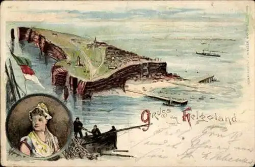 Litho Nordseeinsel Helgoland, Gesamtansicht, Fischer, Frau in Tracht