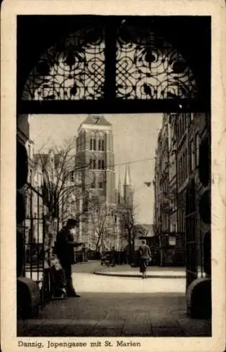 Ak Gdańsk Danzig, Jopengasse mit St. Marien-Kirche, Tordurchblick