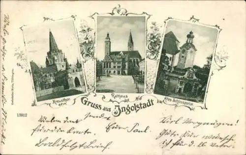 Ak Ingolstadt an der Donau Oberbayern, Kreuztor, Rathaus, Altes Schlossportal
