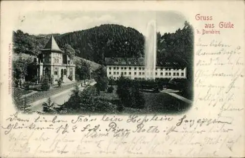 Ak Gütle Dornbirn Vorarlberg Österreich, Wasserfontäne im Park, Häuser