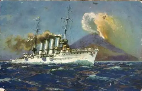Künstler Ak Bohrdt, Sizilien, Deutsches Kriegsschiff, SMS Breslau, Kleiner Kreuzer, Vulkan Stromboli