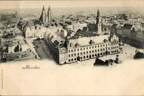 Ak Wrocław Breslau Schlesien, Gesamtansicht, Platz, Kirche, Amtsgebäude