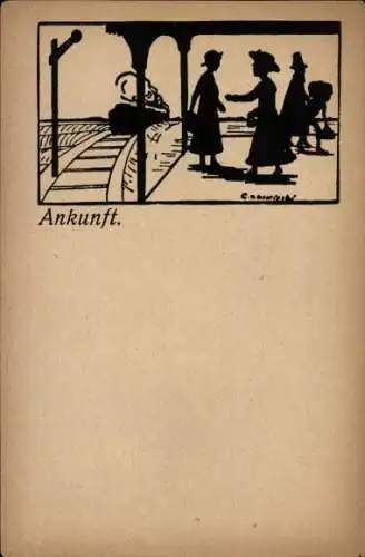 Scherenschnitt Künstler Ak Ankunft am Bahnhof, Dampflok, Passagiere, Bahnhofsmission