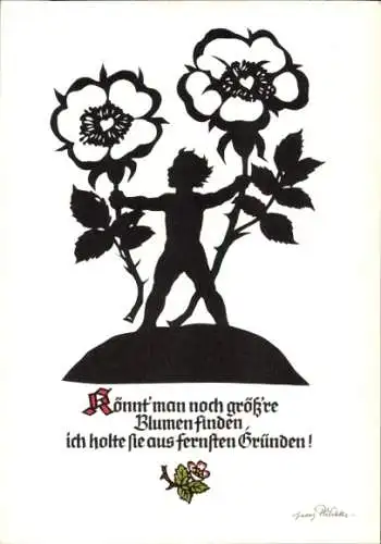 Scherenschnitt Künstler Ak Plischke, G., Kind, Riesige Blumen