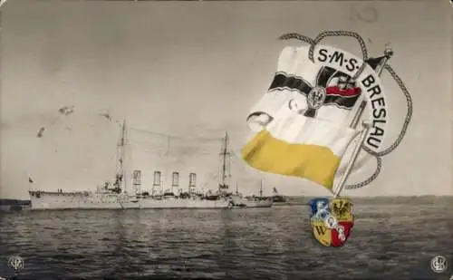 Ak Deutsches Kriegsschiff, SMS Breslau, Kaiserliche Marine, Fahne, Wappen