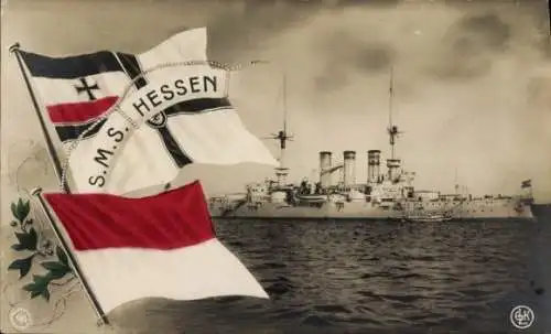 Ak Deutsches Kriegsschiff, SMS Hessen, Linienschiff, Fahnen, Kaiserliche Marine