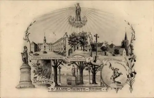 Ak Alise Sainte Reine Côte-d’Or, L'Hospice, Kirche, Statue Jeanne d'Arc, Marienerscheinung